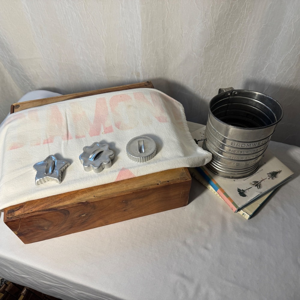 Bromwell Vintage‎ Baking Set Sifter Cookie Cutters Flour Sack Silver Farmhouse